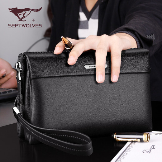 Septwolves men's handbag genuine leather large capacity first layer cowhide multifunctional clutch bag business casual clutch bag black medium size 23*14*5.5