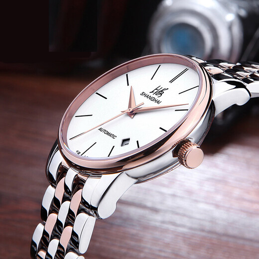 Шанхай (ШАНХАЙ) часы автоматические механические женские часы простые повседневные серии с одним календарем национальные часы X753 женская модель из розового золота с черным циферблатом