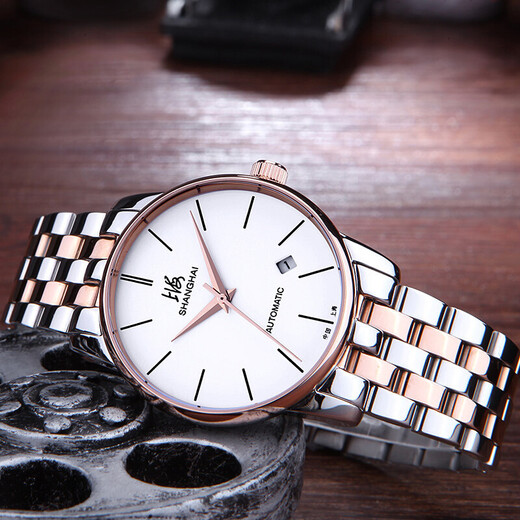 Шанхай (ШАНХАЙ) часы автоматические механические женские часы простые повседневные серии с одним календарем национальные часы X753 женская модель из розового золота с черным циферблатом