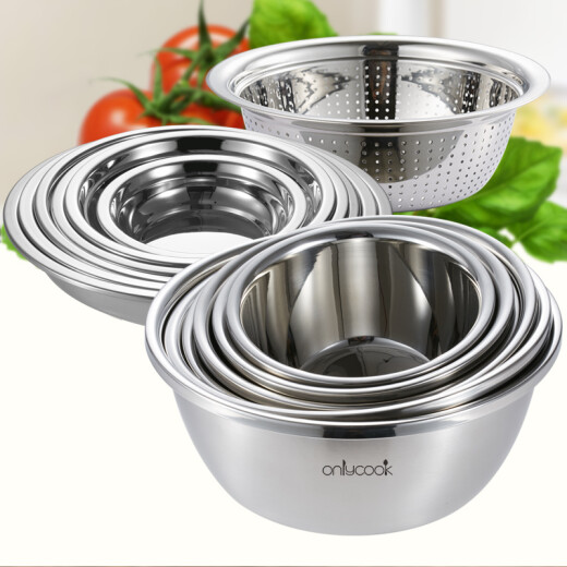 onlycook basin 304 stainless steel basin 13 pieces thickened vegetable sink drain basin and flour beater egg drain basket vegetable soup basin 6 basins + 6 dishes + 1 rice basin family set