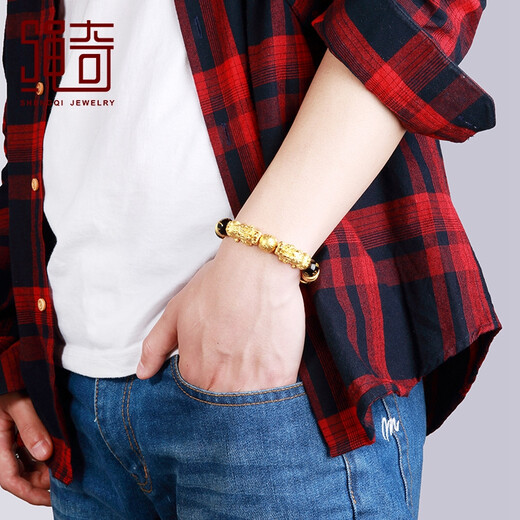 Shengqi gold Pixiu bracelet for men, solid gold male and female Pixiu Lutong six-character mantra, agate bracelet, Father's Day gift, total gold weight approx. 14.1g