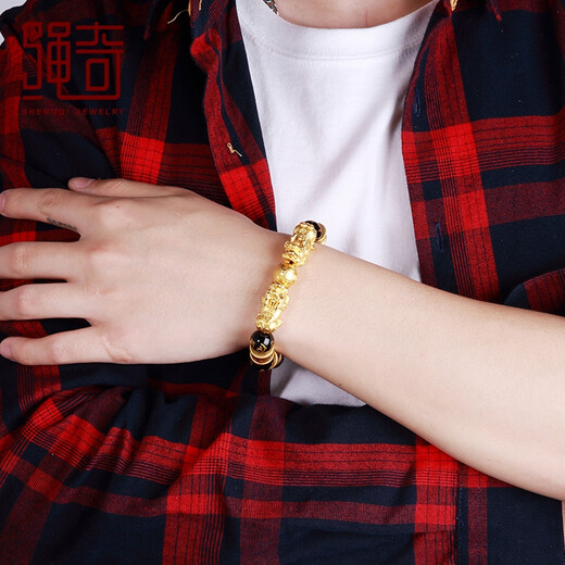 Shengqi gold Pixiu bracelet for men, solid gold male and female Pixiu Lutong six-character mantra, agate bracelet, Father's Day gift, total gold weight approx. 14.1g