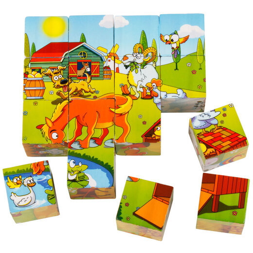Ji Qing Bird three-dimensional puzzle 9 pieces 16 pieces wooden six-sided picture baby and children 3D building blocks manual brain intelligence puzzle 3-4 years old 9 pieces six-sided picture-farm animals with tray