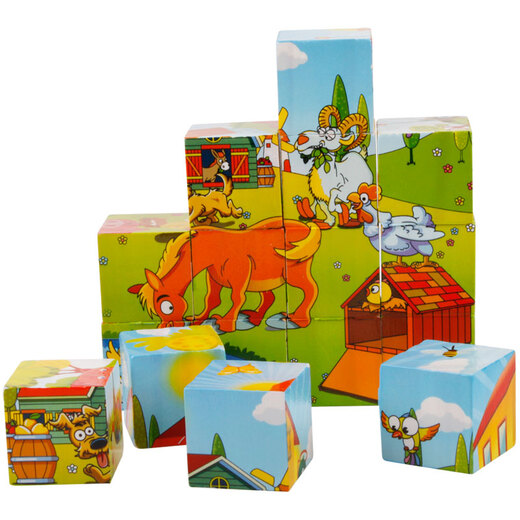 Ji Qing Bird three-dimensional puzzle 9 pieces 16 pieces wooden six-sided picture baby and children 3D building blocks manual brain intelligence puzzle 3-4 years old 9 pieces six-sided picture-farm animals with tray