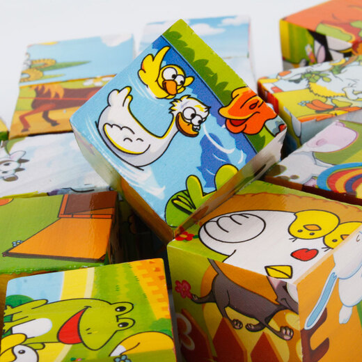 Ji Qing Bird three-dimensional puzzle 9 pieces 16 pieces wooden six-sided picture baby and children 3D building blocks manual brain intelligence puzzle 3-4 years old 9 pieces six-sided picture-farm animals with tray