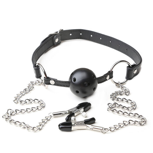 Misecret mouth gag, ball, breast clip chain, SM mandatory punishment props, adult sex toys for men and women having sex with each other