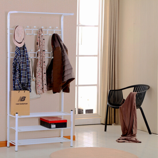 L S Entrance Hall Coat Rack Floor Hanger Multi Layer Shoe Rack Simple Iron Floor Vertical Entrance Hall Clothes Rack White 82cm