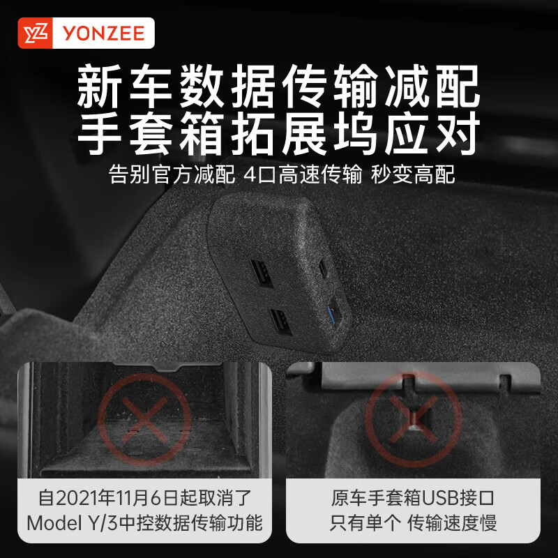 YZ is suitable for Tesla model3/Y glove box expansion dock central control expander HUB adapter USB accessories old Model Y original car customization-glove box 4-port expansion dock