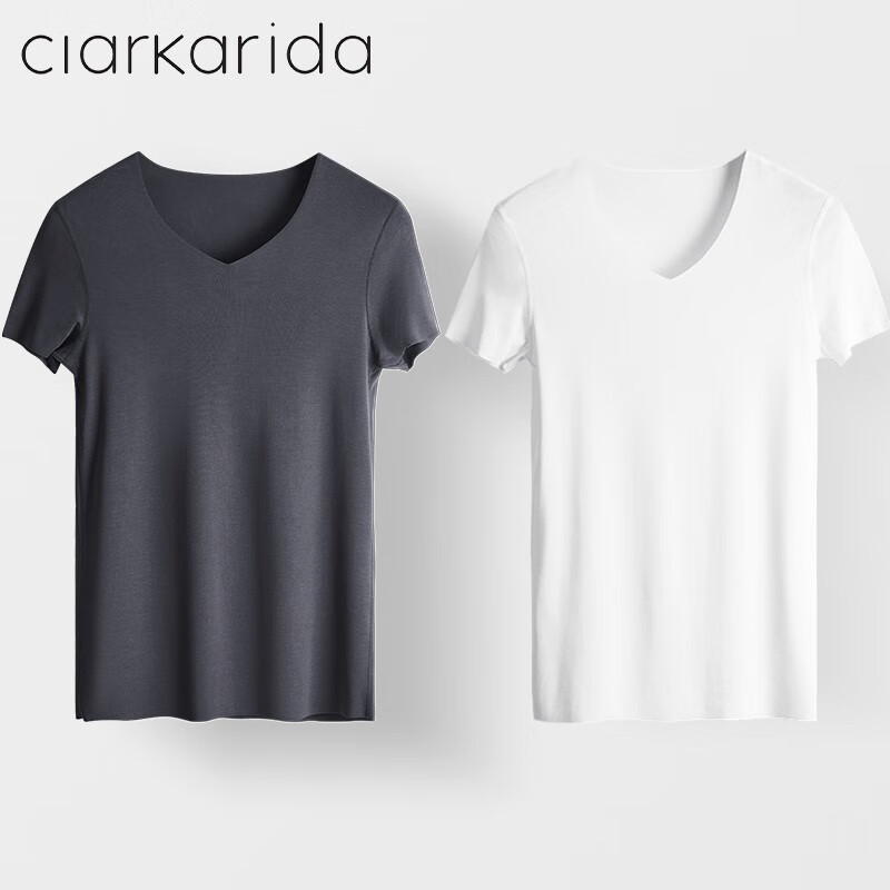 Clarkarida men's short-sleeved T-shirt men's modal seamless V-neck bottoming shirt slim solid color sweatshirt sports white fitness top iron gray + white XL (130-150 pounds)