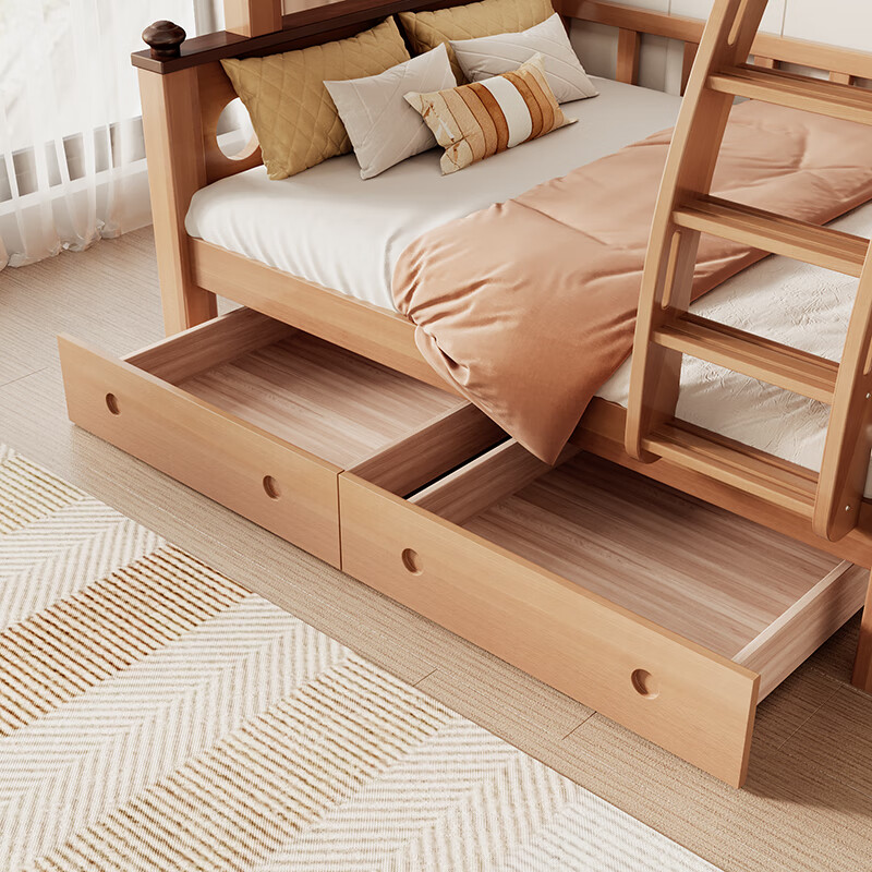 Ziwei all solid wood bunk bed children's bed high and low bed small apartment two-story wooden bed catalpa wood double bed bunk bed ladder type + bookshelf 10*10 bed legs 1350mm*2000mm