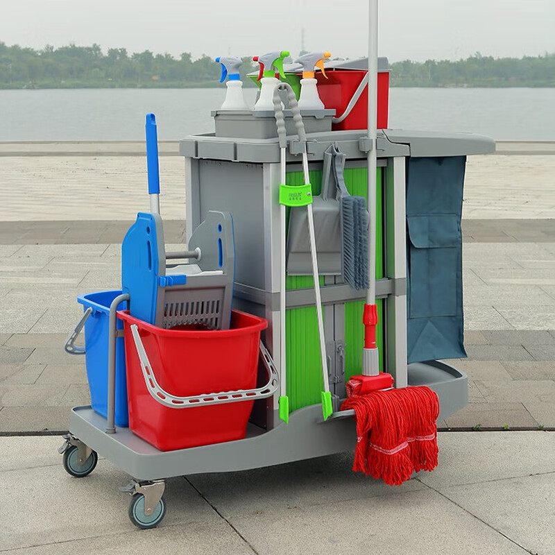 Ange Clean Silent Wheel Cleaning Car Thickened Tool Cart Multifunctional Trolley Hospital Hotel Room Cleaning Service Linen Cart Silent Wheel Tool Cart with Compartment Bucket System