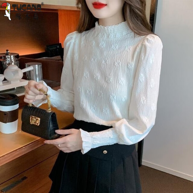 Woodpecker (TUCANO) velvet thickened lace jacquard bottoming shirt for women spring and autumn 2025 new stand-up collar lantern long-sleeved style versatile top apricot silver fox velvet plus velvet M 100-110 catties