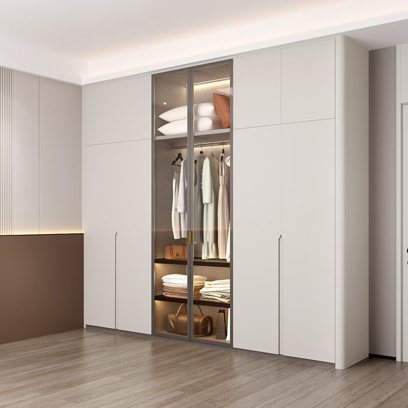 Sofia whole house custom wardrobe furniture package, master bedroom wardrobe leather double bed combination, bedside table background wall 4 wardrobe + bed + bedside table + 3 background wall