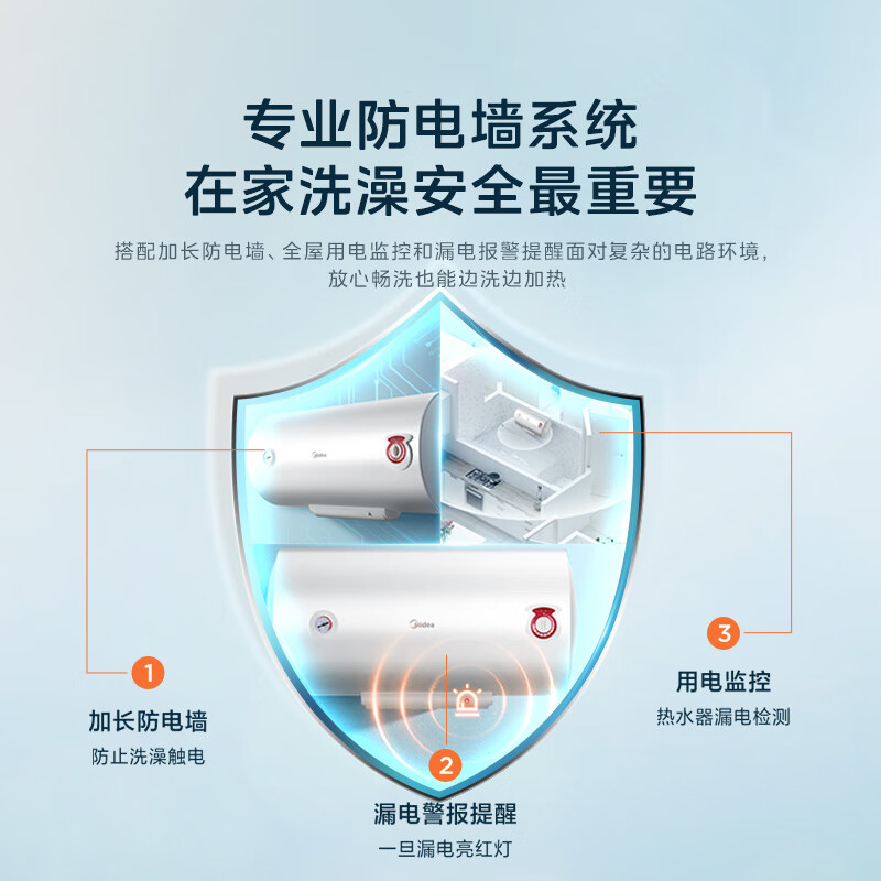 Midea 8-year warranty for the whole machine 50-liter electric water heater 2100W energy-saving fast heating rental house double sterilization extended electric wall F50-21WA1