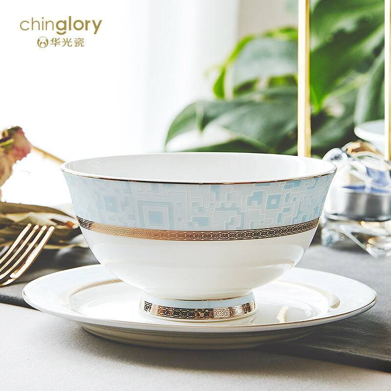 Huaguang National Porcelain Bone China Bowl Set Tableware Bowl Set Light Luxury Wedding Housewarming Gift Santorini 48-head Gift Box