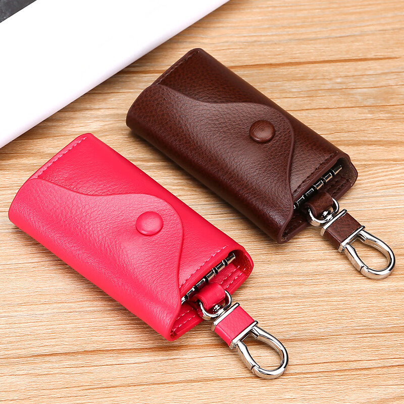CLCEY Korean style key bag men's genuine leather car key bag waist hanging cowhide multi-functional zipper key bag buckle brown