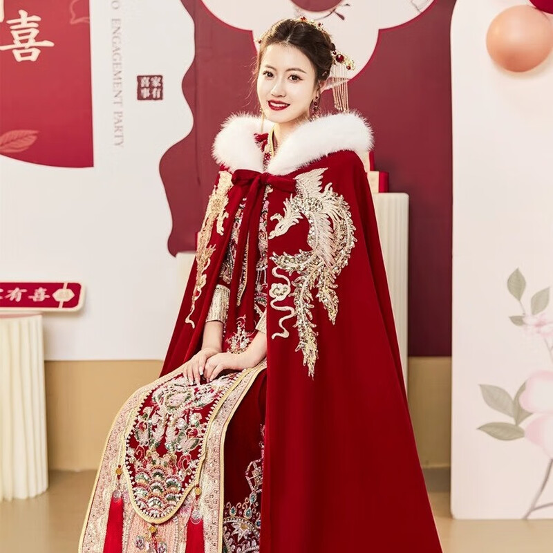 Libaixin 2025 New Chinese Style Bridal Xiuhe Cloak Wedding Shawl with Winter Thickened Hanfu Large Fur Collar Cloak Burgundy Style A Thickened One Size