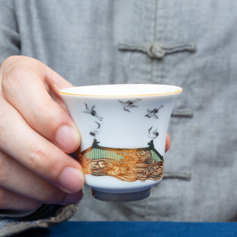 Rongshantang Ruihetu wine warmer, old-fashioned Chinese ceramic electric heating kettle, white wine cup, Chinese style wine set, wine cup, white bottom Ruihetu cup - set of four