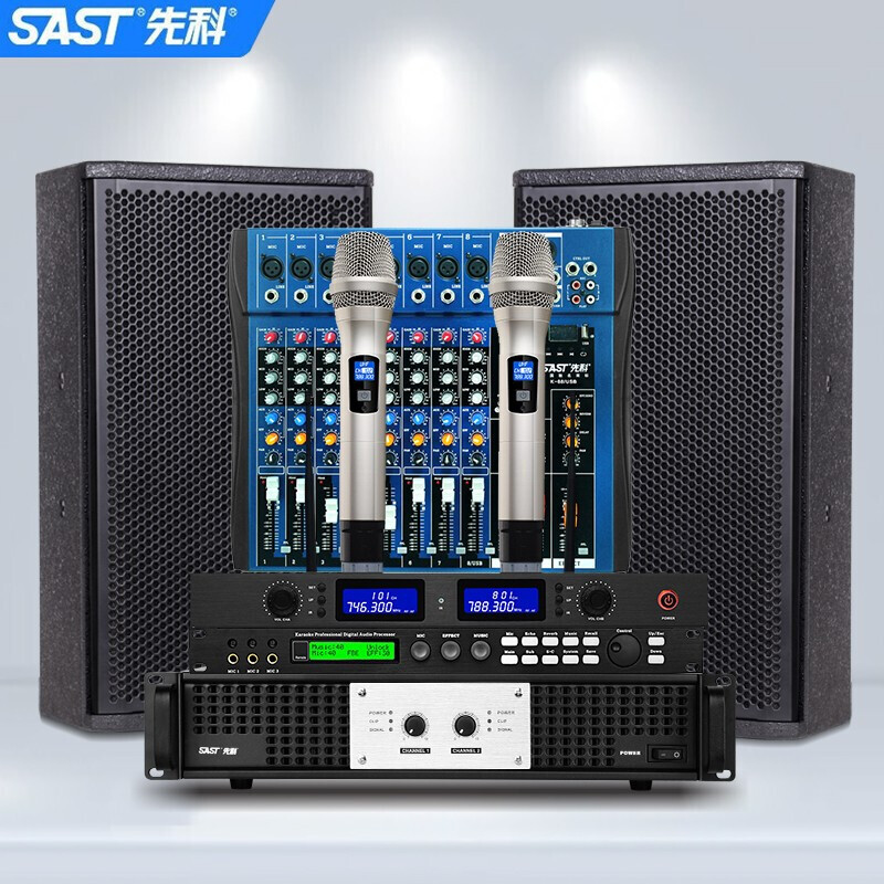 SAST professional stage conference speaker set, stage wedding performance conference bar KTV audio outdoor set HiFi speaker high power 10-inch speaker + MV-200X function + microphone + mixer + effector