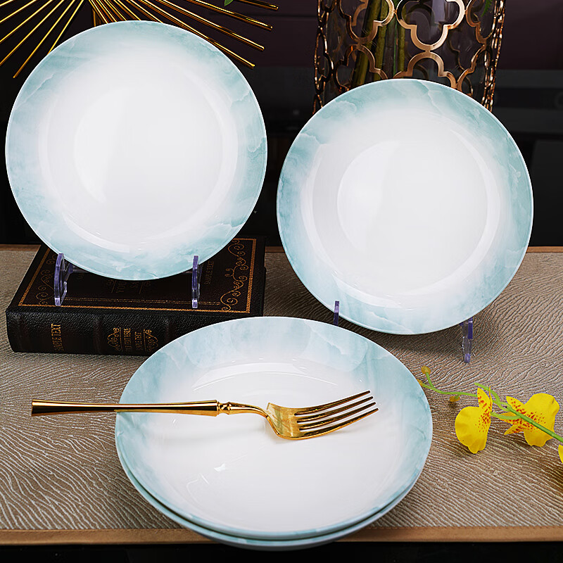 Guoyue Jingdezhen bowls and plates, light luxury underglaze color dinner plates, household ceramic rice plates, bone china dishes, simple Western dinner plates, Yunjin Wanli 8-inch deep plates, 4 pieces