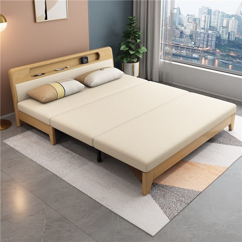 St. Lanson solid wood sofa bed small apartment foldable push-pull single double Nordic living room sitting and sleeping multi-functional dual-purpose bed environmentally friendly coconut palm model + storage box outer diameter 1.83 meters * 2.0 meters
