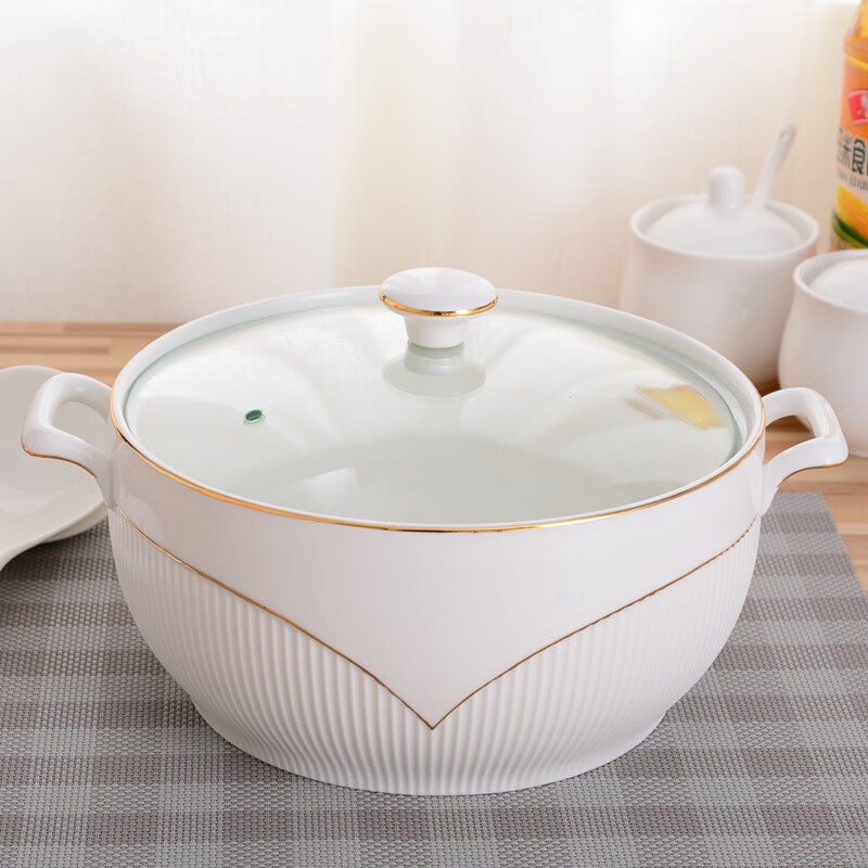 Nanluo Household Double-Ear Ceramic Soup Nest with Lid Creative Stew Cup Pure White Large Capacity Rice Soup Bowl Soup Basin Microwave Oven 2200ML Phnom Penh Ling Diamond Style with Perforated Lid + Spoon