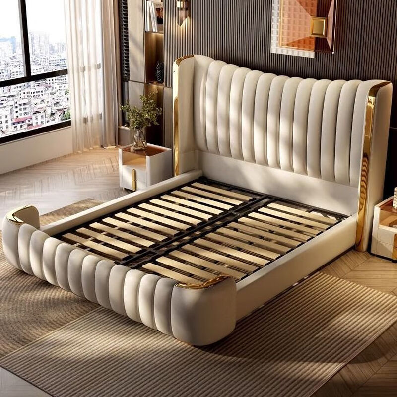 MLLHHCO German brand American light luxury master bedroom leather bed high-end atmospheric double white piano key second bedroom storage wedding bed leather bed + 9D polymer independent spring cushion 2000mm*2200mm frame structure