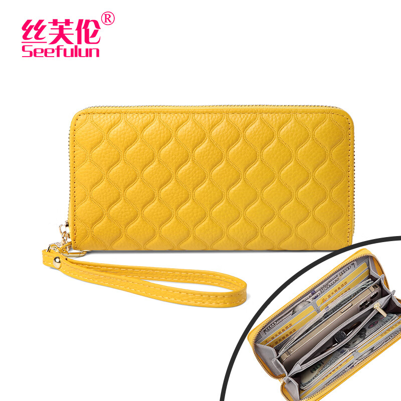Sephora brand gift box packaging, yellow long-term genuine leather hand wallet for women, anti-degaussing and anti-theft brush, small fragrant rhombus, large capacity for mobile phone, yellow, no specifications