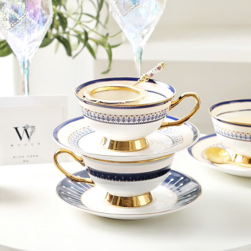 WOOCH Ouya Blue Couple Cup and Saucer Gift Box, High-End Exquisite Coffee Cup for Best Friend to Move into a New Home, Wedding Souvenir Ouya Blue Series Cup and Saucer Matching Cup + Platinum Gift Box