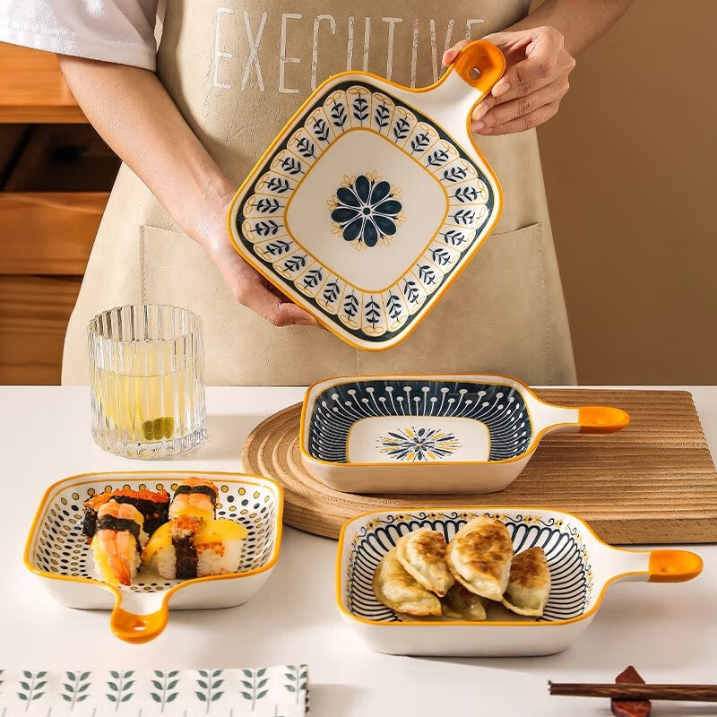 Persson Nordic plate dish household ceramic snack bowl dish tableware oven handle baking pan creative dumpling plate breakfast plate 9-inch handle plate-Hongyun Dangtou