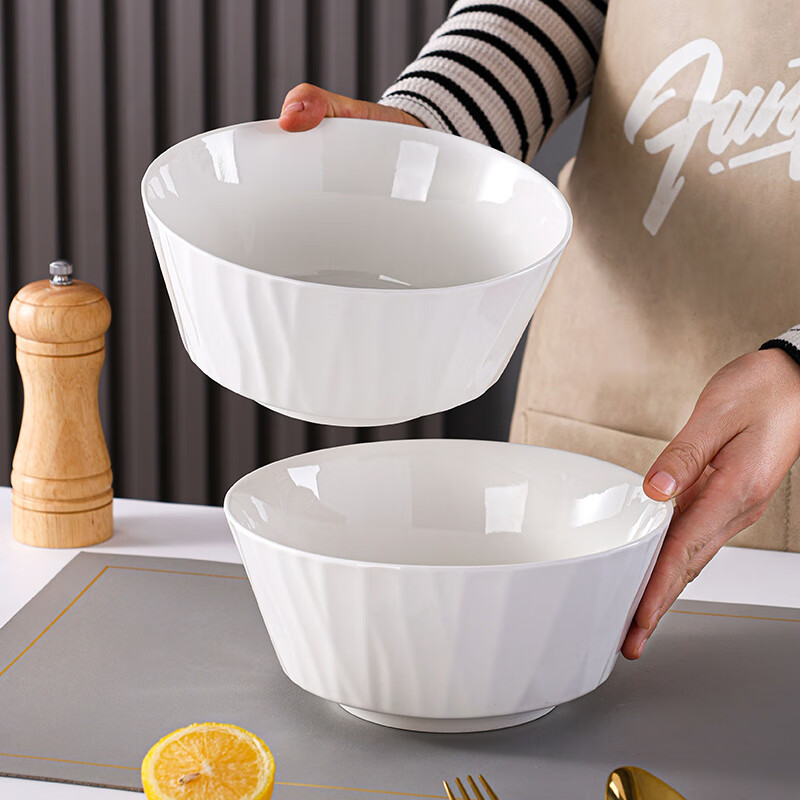 Jie Yajie ceramic soup bowl large household large noodle bowl underglaze color 7.5 inch large bowl soup basin 2 pieces white glazed