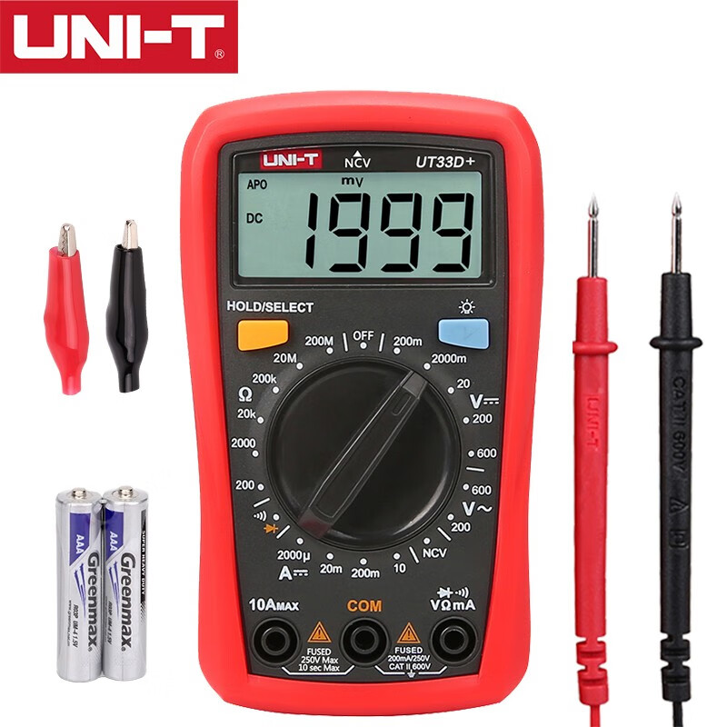 UNI-T digital multimeter high-precision multi-function intelligent anti-burn multimeter electrician dedicated small household voltage and current UT33D+ plus spare alligator clips and battery