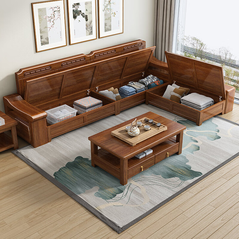 Jiangde Chinese solid wood sofa walnut living room modern simple small apartment chaise corner storage winter and summer dual-purpose furniture five-seater + corner cabinet + double seat + chaise + coffee table