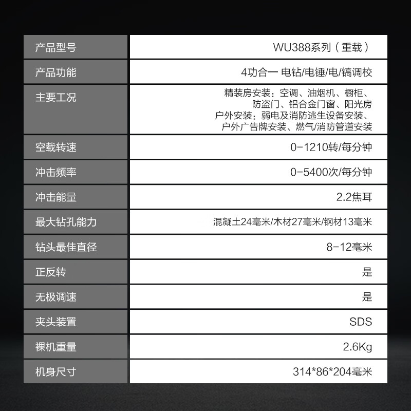 Vickers 20V Brushless Rechargeable Electric Hammer Impact Drill WU388 (4.0 Dual Electric) Lithium Electric Pickaxe Drill Three-in-One Concrete