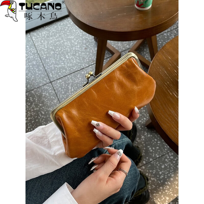 Woodpecker (TUCANO) Retro Wallet Women's Long Genuine Leather Clip Oil Wax First Layer Cowhide Wallet Holds Mobile Phone Large Capacity Simple Wallet Black