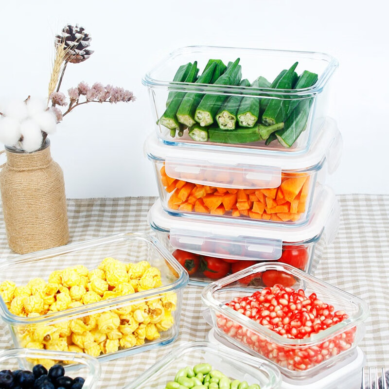 Chuangde heat-resistant glass crisper, microwave lunch box, lunch box for office workers, white plus height 1080ml + bag + tableware