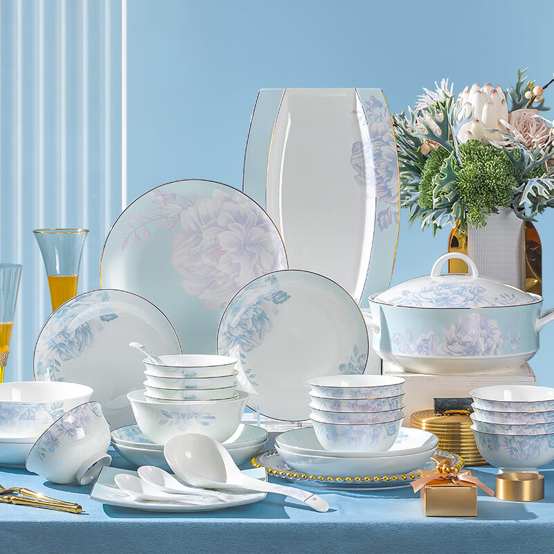 Chudi Jingdezhen Ceramics Housewarming Gift Tableware Complete Set of Household Ceramic Bowl Set Light Luxury High-end Bowls and Plates 12 People Food 60 Heads with Princess Pot Gift Box