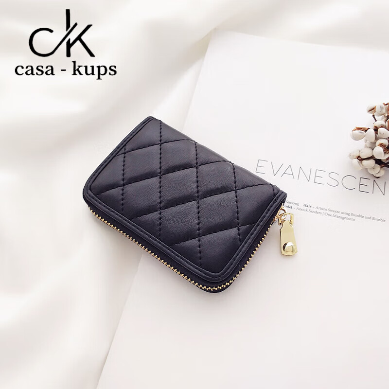 Casa-kupsCK women's bag genuine leather coin purse small fragrant sheepskin diamond card bag women's compact 2024 new multi-card zipper black newly upgraded anti-theft brush