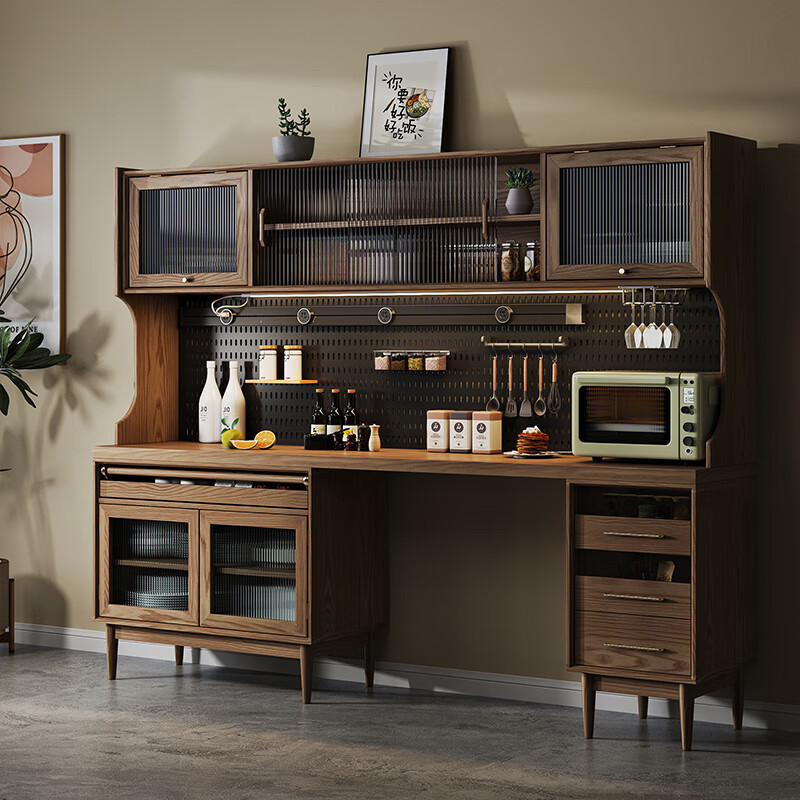 Weekend island coffee machine operation table Nordic solid wood sideboard dining table integrated wall high cabinet with built-in table wine cabinet living room 165*45*180 (with power track) Walnut 1