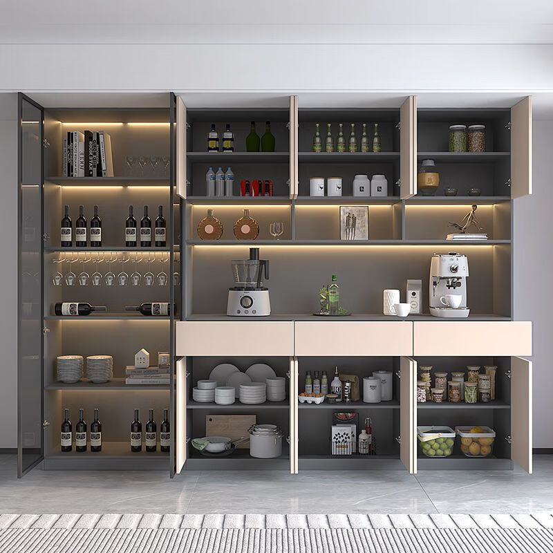 Qingfu sideboard multi-functional all-in-one wall high cabinet wine cabinet living room modern simple home kitchen storage storage cabinet milk coffee color solid wood length 1.2 meters combination 40 cabinets