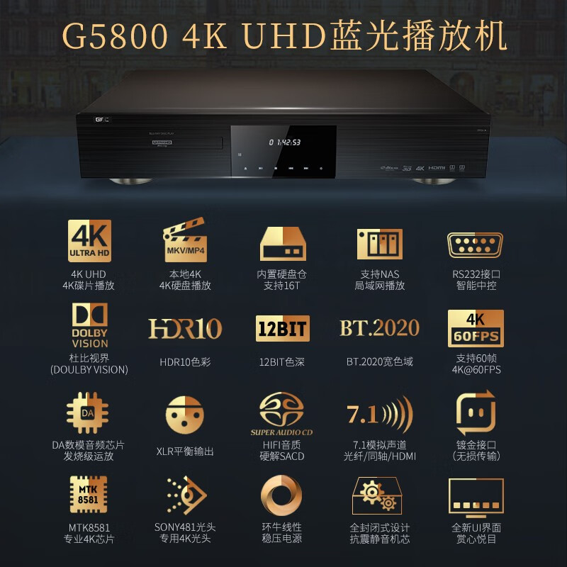 Jieco BDP-G5800 4K Blu-ray player uhd Dolby Vision HDR10 3D disc home theater DVD player SACD DSD lossless hard drive compartment panoramic sound 7.1 package three 8T hard drive full + 2 4K discs + 4K ultra-clear cable