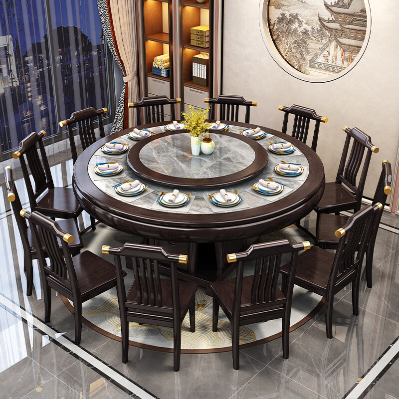 New Chinese style solid wood dining table and chair combination hotel room large round table home large round table 8 to 14 people dining table rosewood color - slate remarks 1.8m imported slate table + 12 chairs free turntable