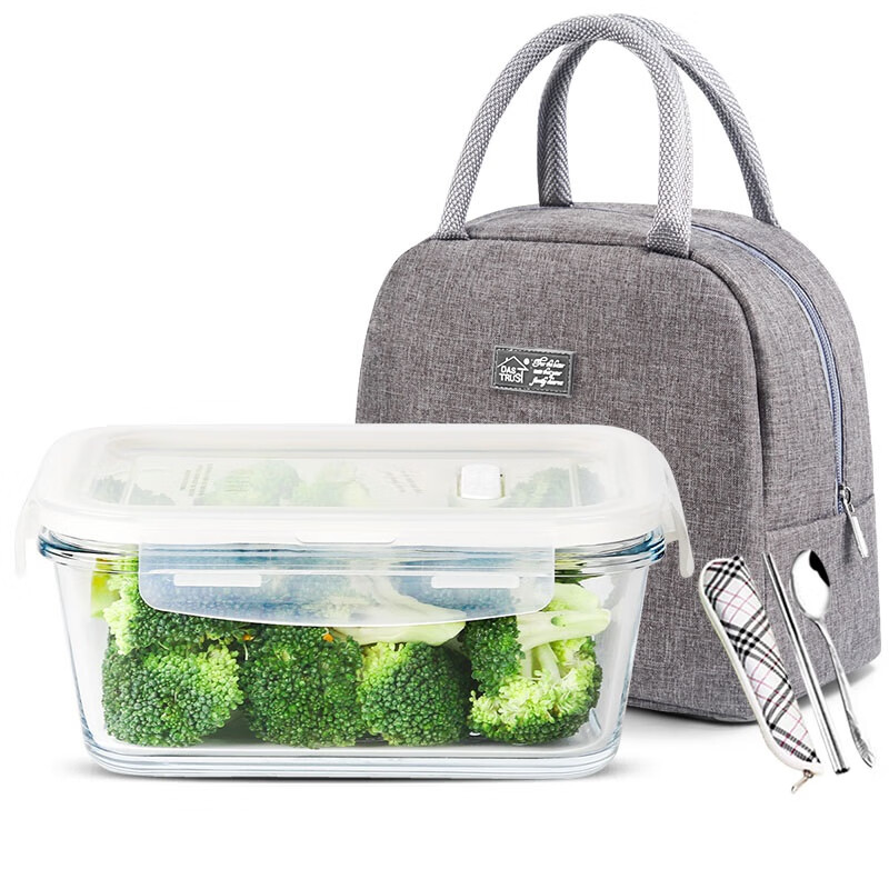 Chuangde heat-resistant glass crisper, microwave lunch box, lunch box for office workers, white plus height 1080ml + bag + tableware