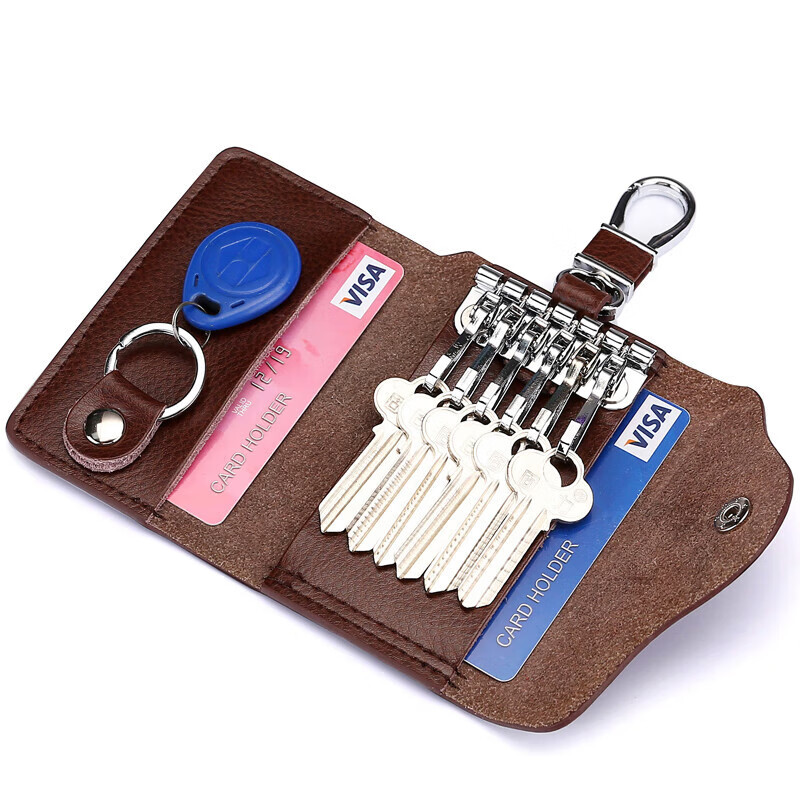 CLCEY Korean style key bag men's genuine leather car key bag waist hanging cowhide multi-functional zipper key bag buckle brown