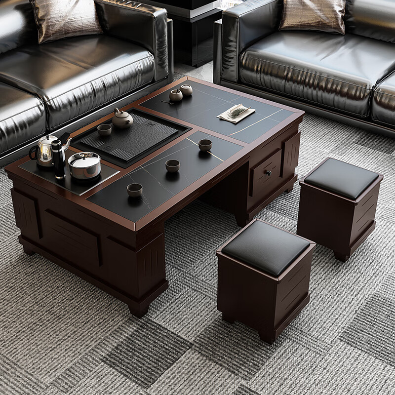 Bangjiang slate kung fu tea table with water boiling function, tea table, chair and tea set all-in-one set, modern home office tea table, length 120*width 65*height 56, walnut color, free smart tea stove complete set