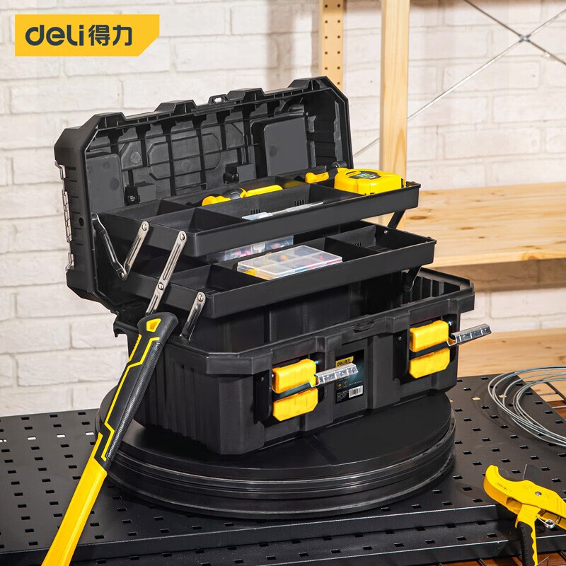 Deli hardware tool storage box household storage box multi-functional suitcase tool box industrial vehicle electrician tool box 19-inch three-layer folding tool box DL432519