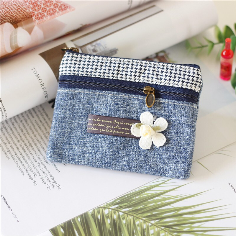 Kingtrip Cotton and Linen Coin Bag Coin Purse Literary Mori Girl Coin Bag Pastoral Double-layer Small Cloth Bag Student Card Bag Driver's License Storage Bag Plain Blue