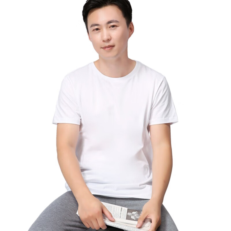 Minka summer men's middle-aged and elderly pure cotton old man's shirt round neck short-sleeved T-shirt dad cotton loose bottoming shirt white 5XL