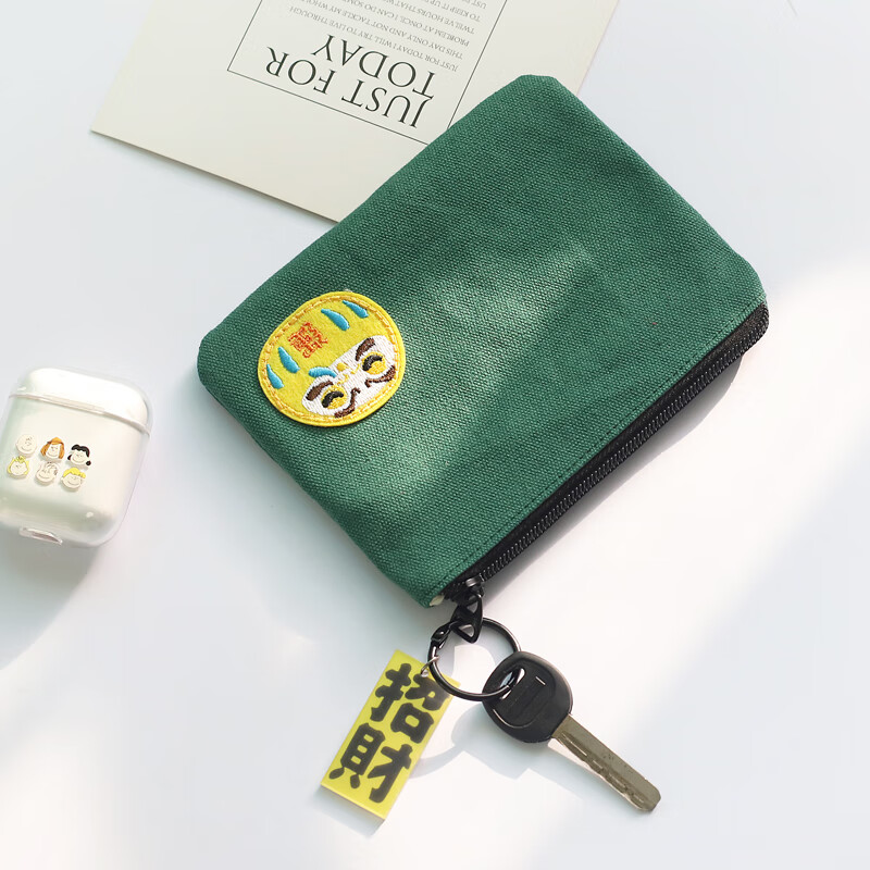 Shuguoer (SHU GUO ER) Japanese style lucky wallet for women short Korean version cute student small coin purse girly heart small fresh canvas wallet small size 0133-dark green-lucky 13.5*10.5 cm