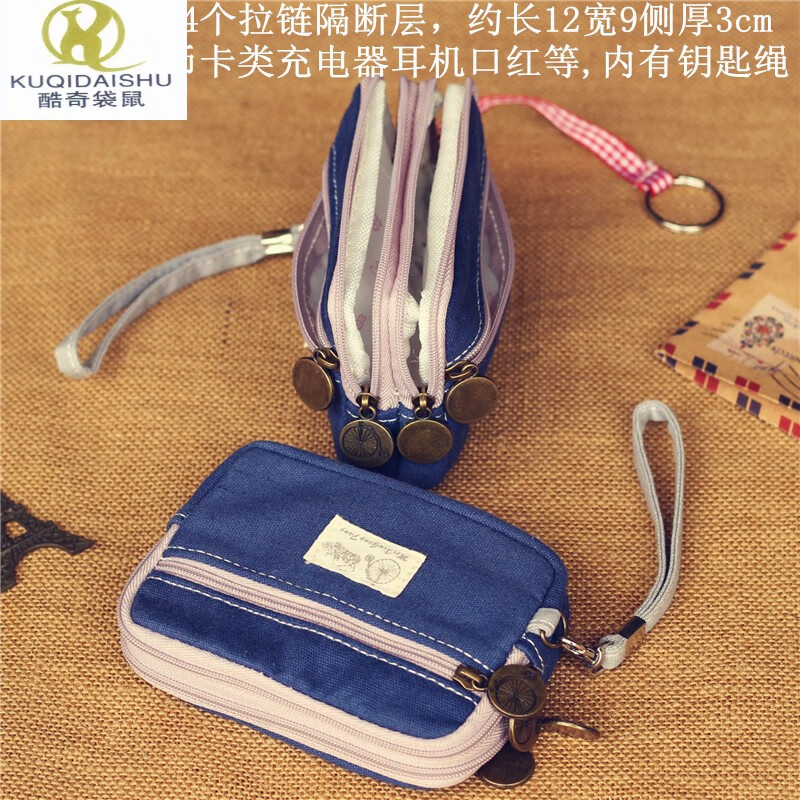 Kuqi Kangaroo Key Coin Purse Women's Short Canvas Clutch Simple Four-Layer Zipper Handbag Men's Small Bag Large Capacity Dark Blue 4 Zippers.S